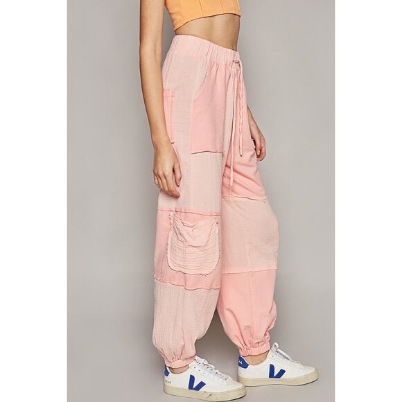 POL Adjustable Drawstring Cargo Pockets Contrast Ankle Jogger Pants | Blush Pink - Picture 3 of 4